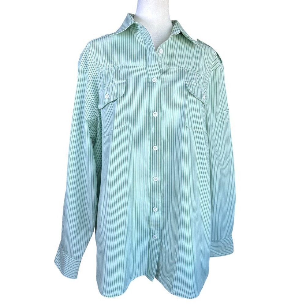 Lands'‎ End Blouse Shirt Green White Stripe Mesh Vented Stretch Size XL Outdoor